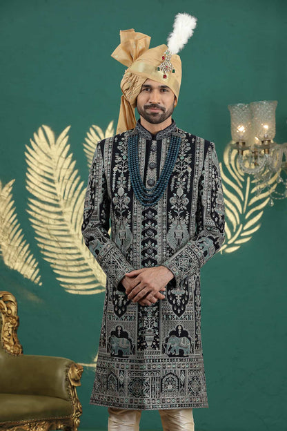 Navy Blue Colour Art Silk Embroidery Sherwani