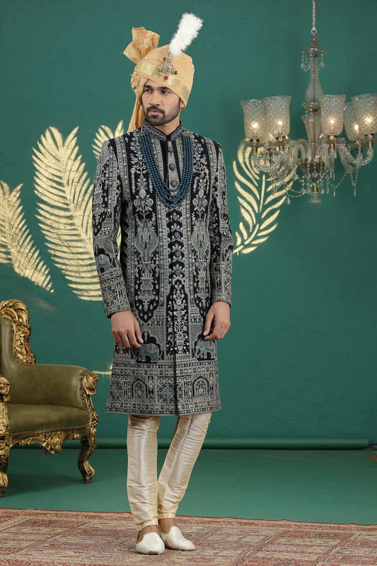 Navy Blue Colour Art Silk Embroidery Sherwani