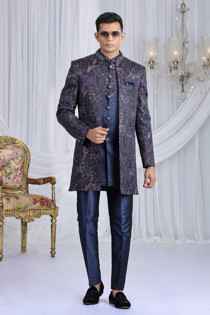 Navy Blue Colour Art Silk Embroidery Work 3 Pcs Indo Western Sherwani