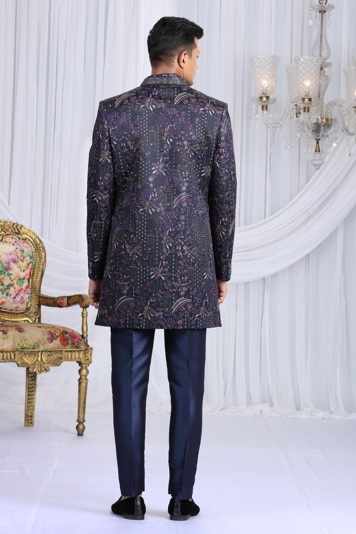Navy Blue Colour Art Silk Embroidery Work 3 Pcs Indo Western Sherwani