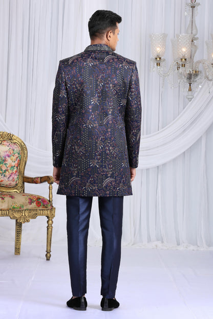 Navy Blue Colour Art Silk Embroidery Work 3 Pcs Indo Western Sherwani