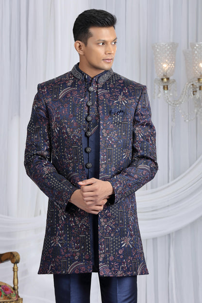 Navy Blue Colour Art Silk Embroidery Work 3 Pcs Indo Western Sherwani