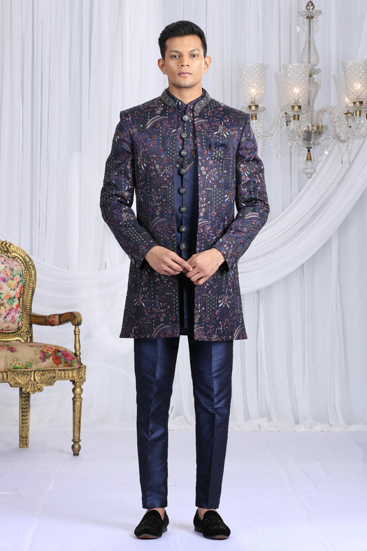 Navy Blue Colour Art Silk Embroidery Work 3 Pcs Indo Western Sherwani