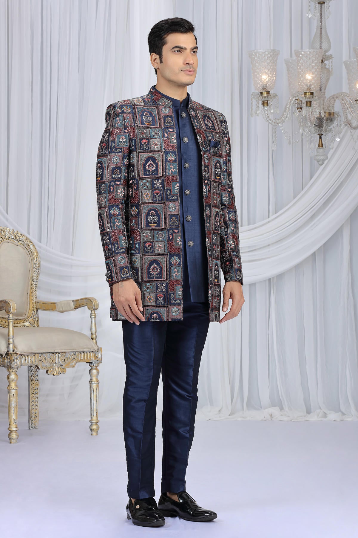 Navy Blue Colour Art Silk Embroidery Work 3 Pcs Indo Western Sherwani