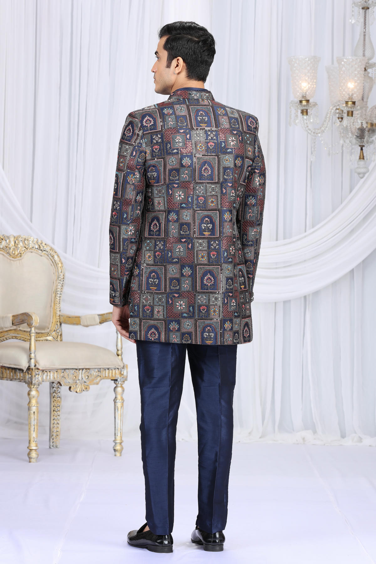 Navy Blue Colour Art Silk Embroidery Work 3 Pcs Indo Western Sherwani