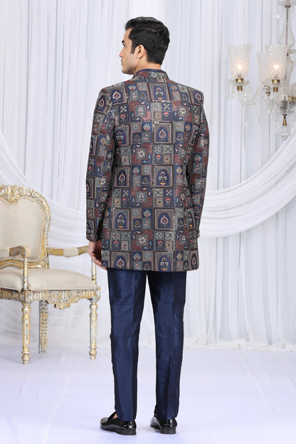 Navy Blue Colour Art Silk Embroidery Work 3 Pcs Indo Western Sherwani