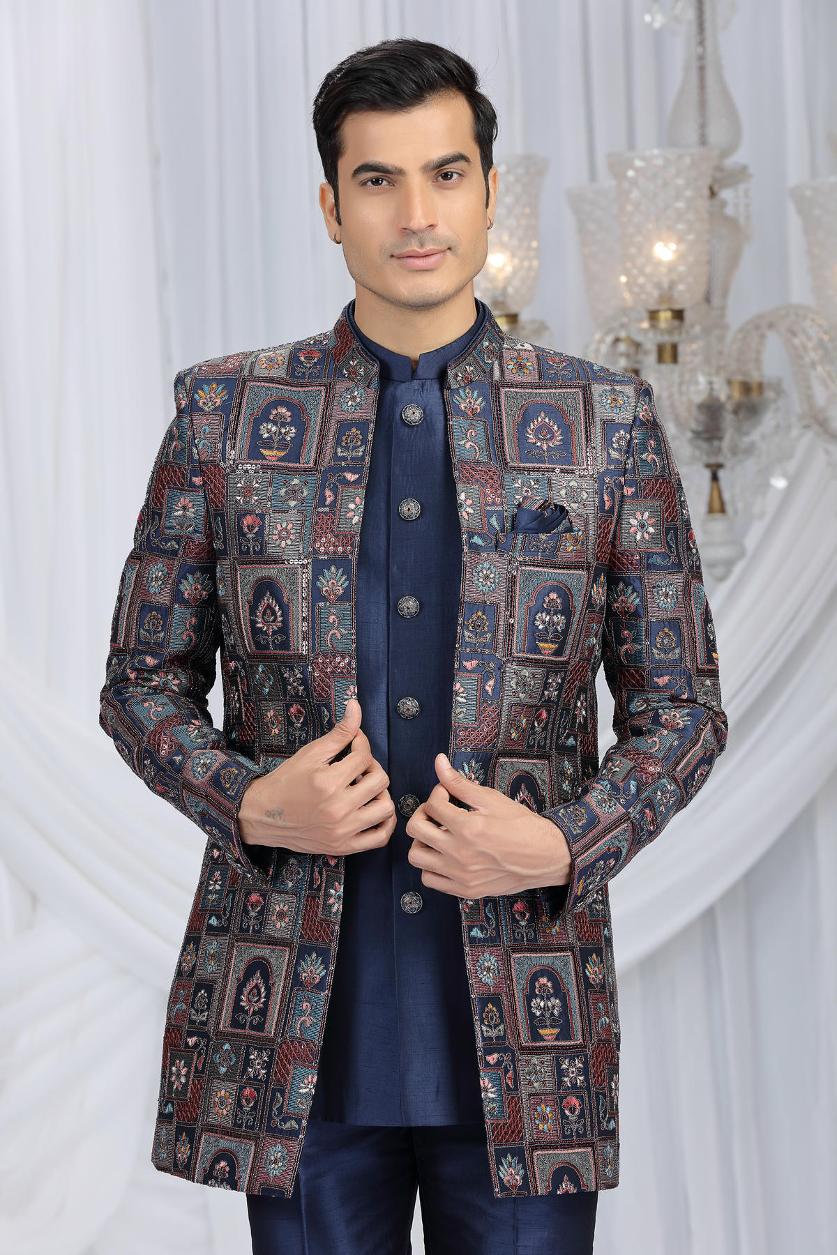 Navy Blue Colour Art Silk Embroidery Work 3 Pcs Indo Western Sherwani