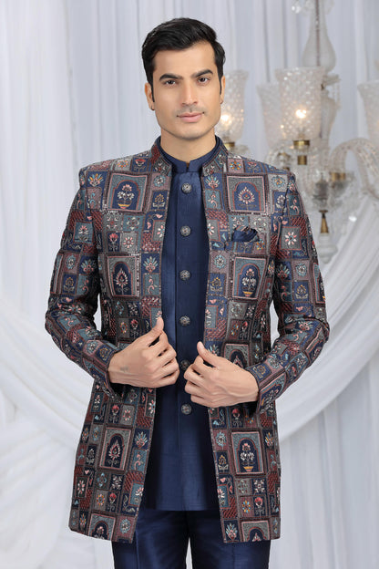 Navy Blue Colour Art Silk Embroidery Work 3 Pcs Indo Western Sherwani