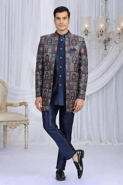 Navy Blue Colour Art Silk Embroidery Work 3 Pcs Indo Western Sherwani