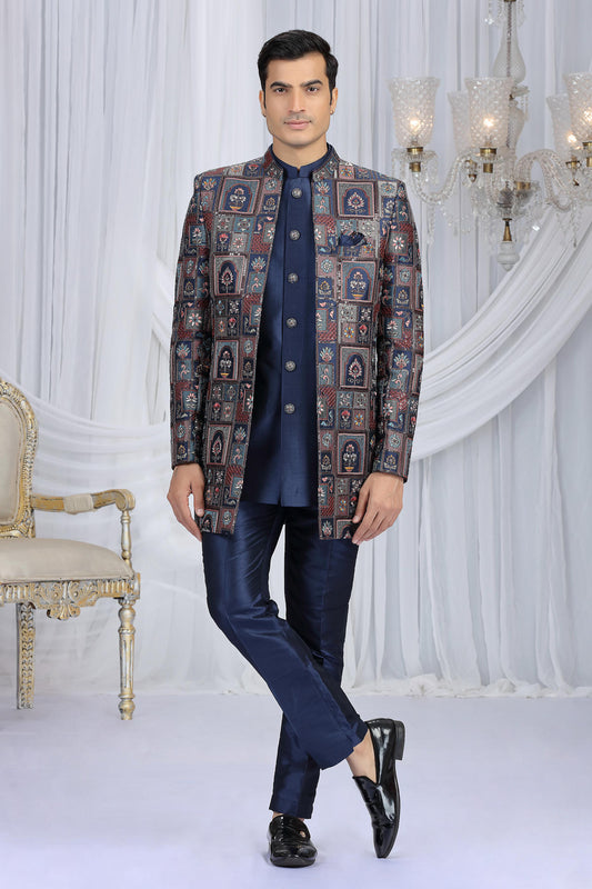 Navy Blue Colour Art Silk Embroidery Work 3 Pcs Indo Western Sherwani