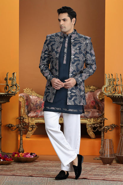 Navy Blue Colour Art Silk Embroidery Work 3 Pcs Jacket Set Sherwani