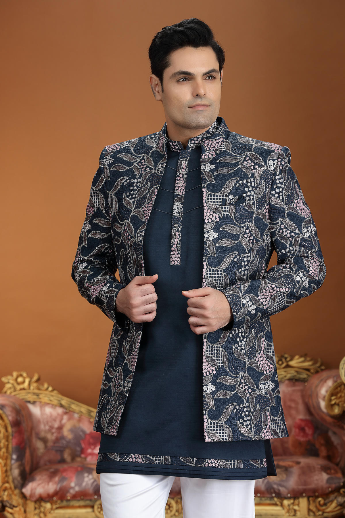 Navy Blue Colour Art Silk Embroidery Work 3 Pcs Jacket Set Sherwani