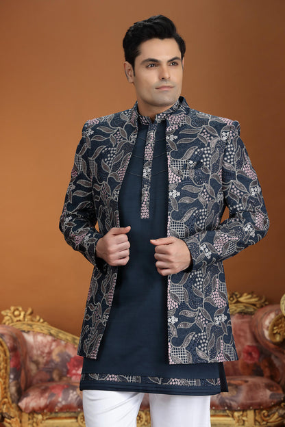 Navy Blue Colour Art Silk Embroidery Work 3 Pcs Jacket Set Sherwani