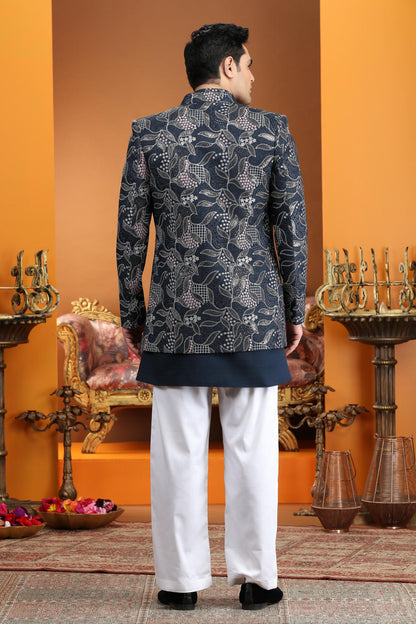 Navy Blue Colour Art Silk Embroidery Work 3 Pcs Jacket Set Sherwani