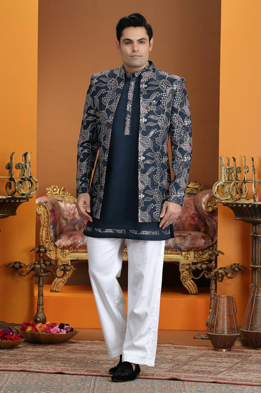 Navy Blue Colour Art Silk Embroidery Work 3 Pcs Jacket Set Sherwani