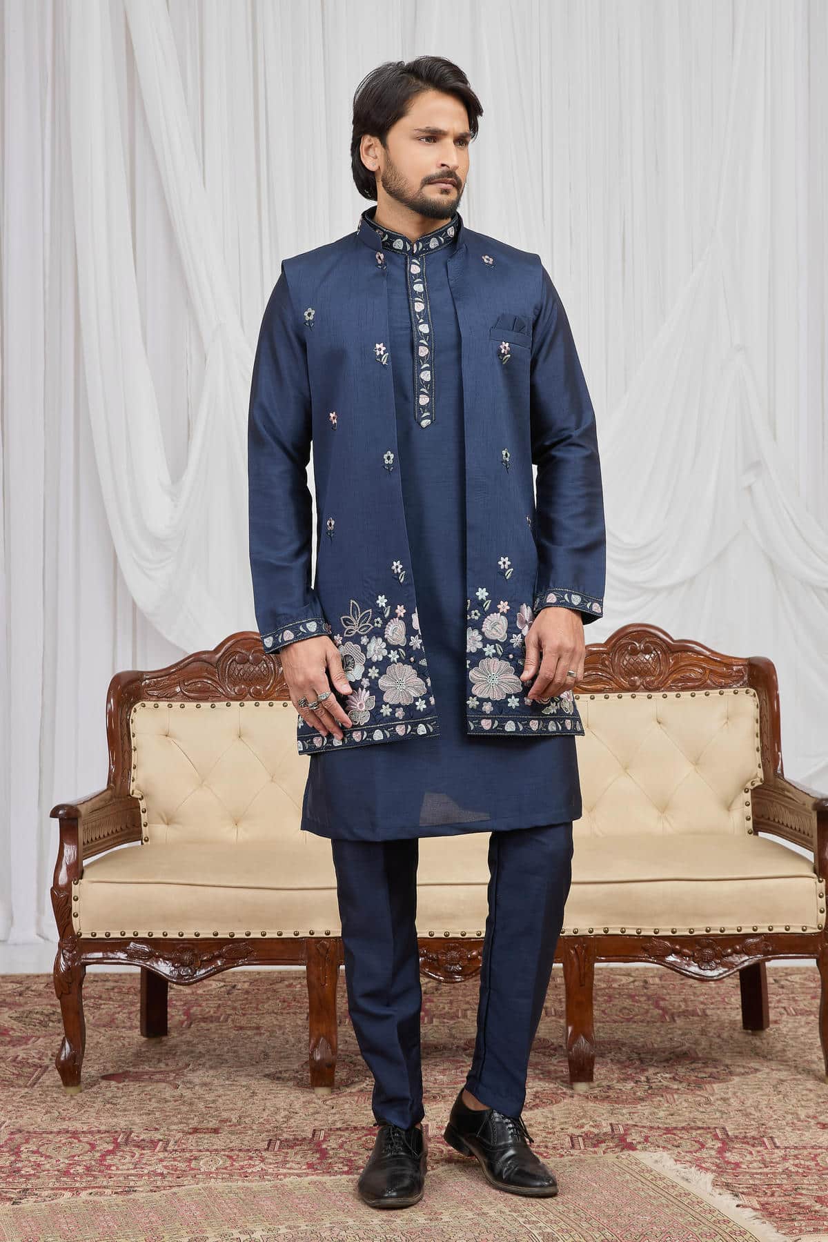 Navy Blue Colour Art Silk Embroidery Work 3 Pcs Long Kurta Jacket Set KP1230605