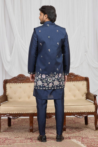Navy Blue Colour Art Silk Embroidery Work 3 Pcs Long Kurta Jacket Set KP1230605
