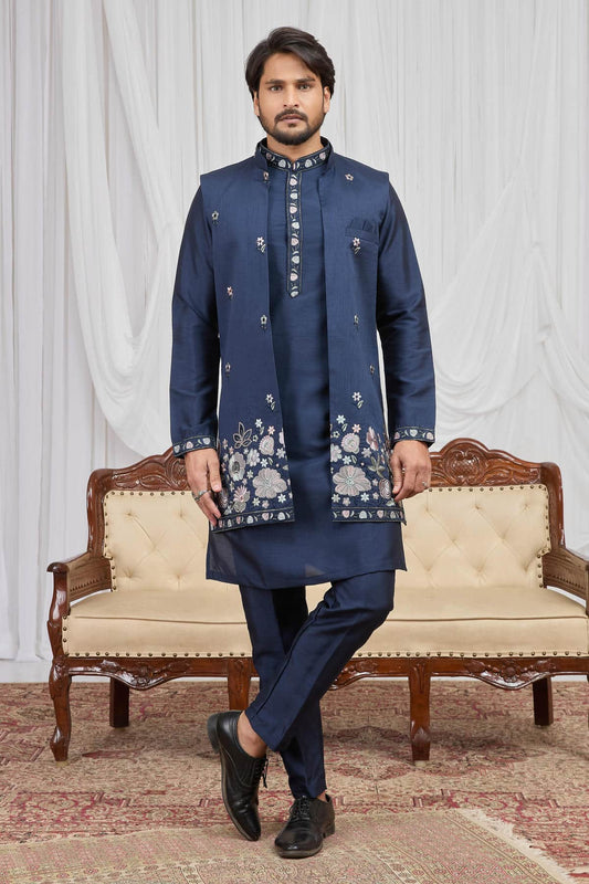 Navy Blue Colour Art Silk Embroidery Work 3 Pcs Long Kurta Jacket Set KP1230605