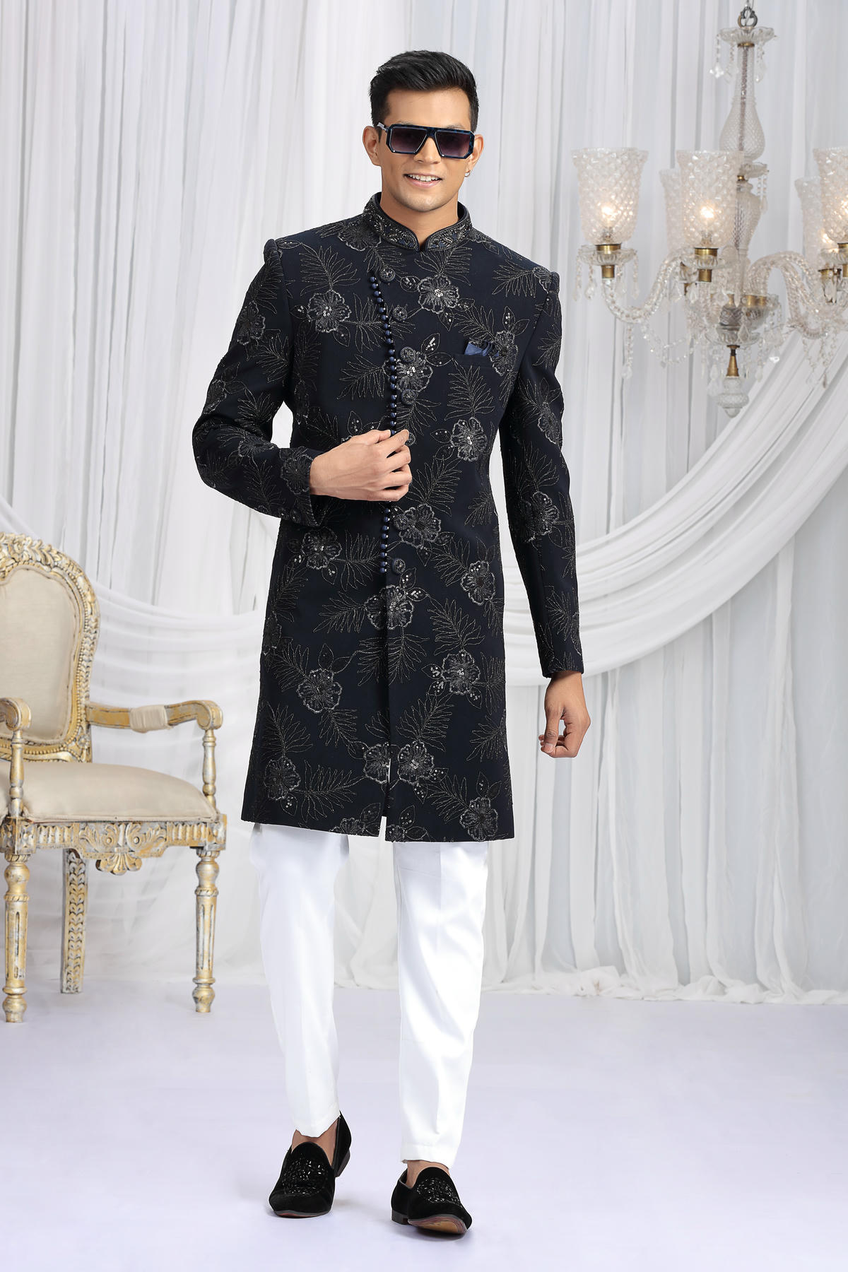 Navy Blue Colour Art Silk Embroidery Work Sherwani