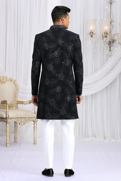 Navy Blue Colour Art Silk Embroidery Work Sherwani