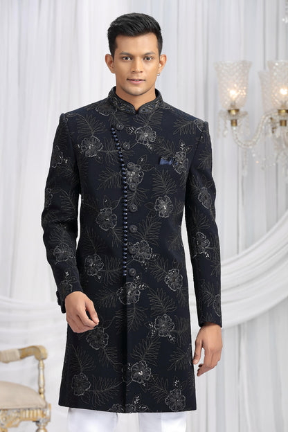 Navy Blue Colour Art Silk Embroidery Work Sherwani