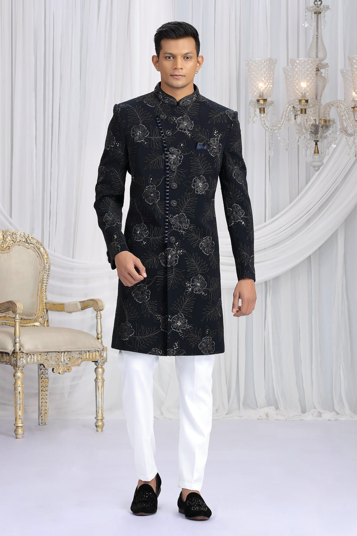 Navy Blue Colour Art Silk Embroidery Work Sherwani