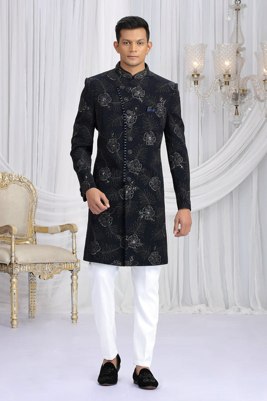 Navy Blue Colour Art Silk Embroidery Work Sherwani