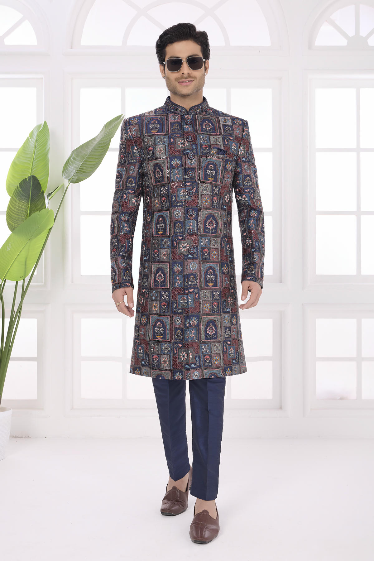 Navy Blue Colour Art Silk Embroidery Work Sherwani