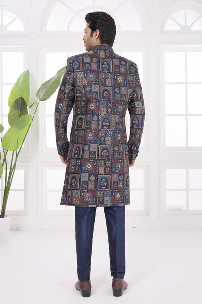 Navy Blue Colour Art Silk Embroidery Work Sherwani
