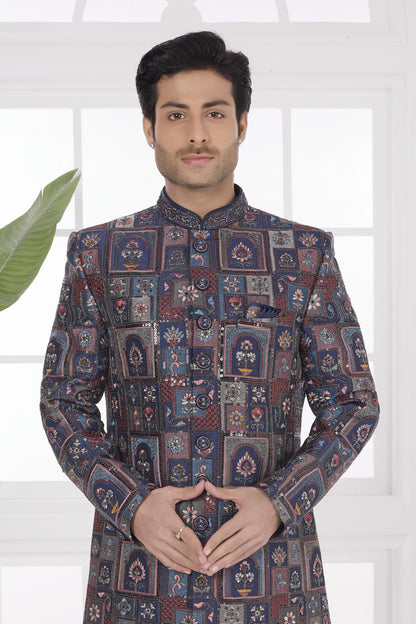 Navy Blue Colour Art Silk Embroidery Work Sherwani