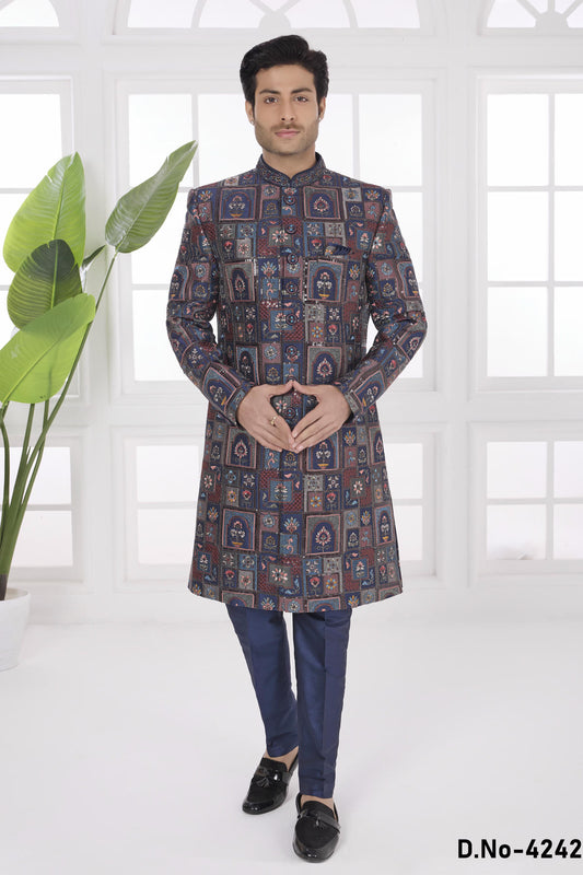 Navy Blue Colour Art Silk Embroidery Work Sherwani