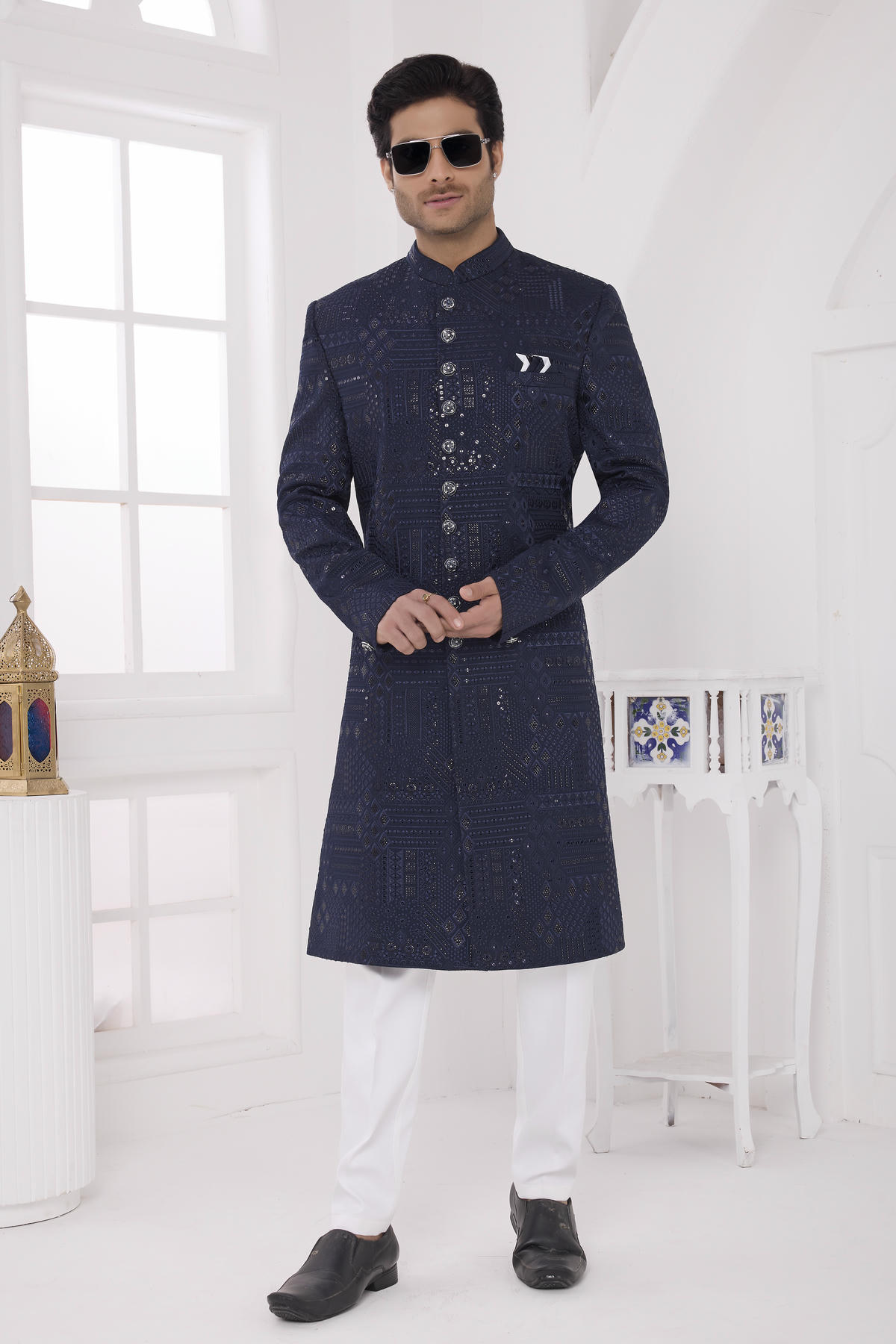 Navy Blue Colour Art Silk Embroidery Work Sherwani