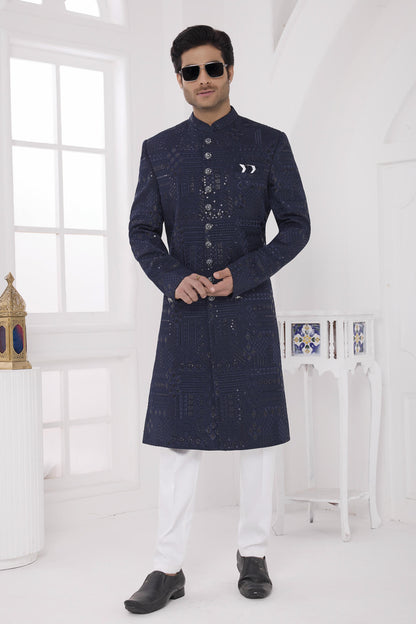Navy Blue Colour Art Silk Embroidery Work Sherwani