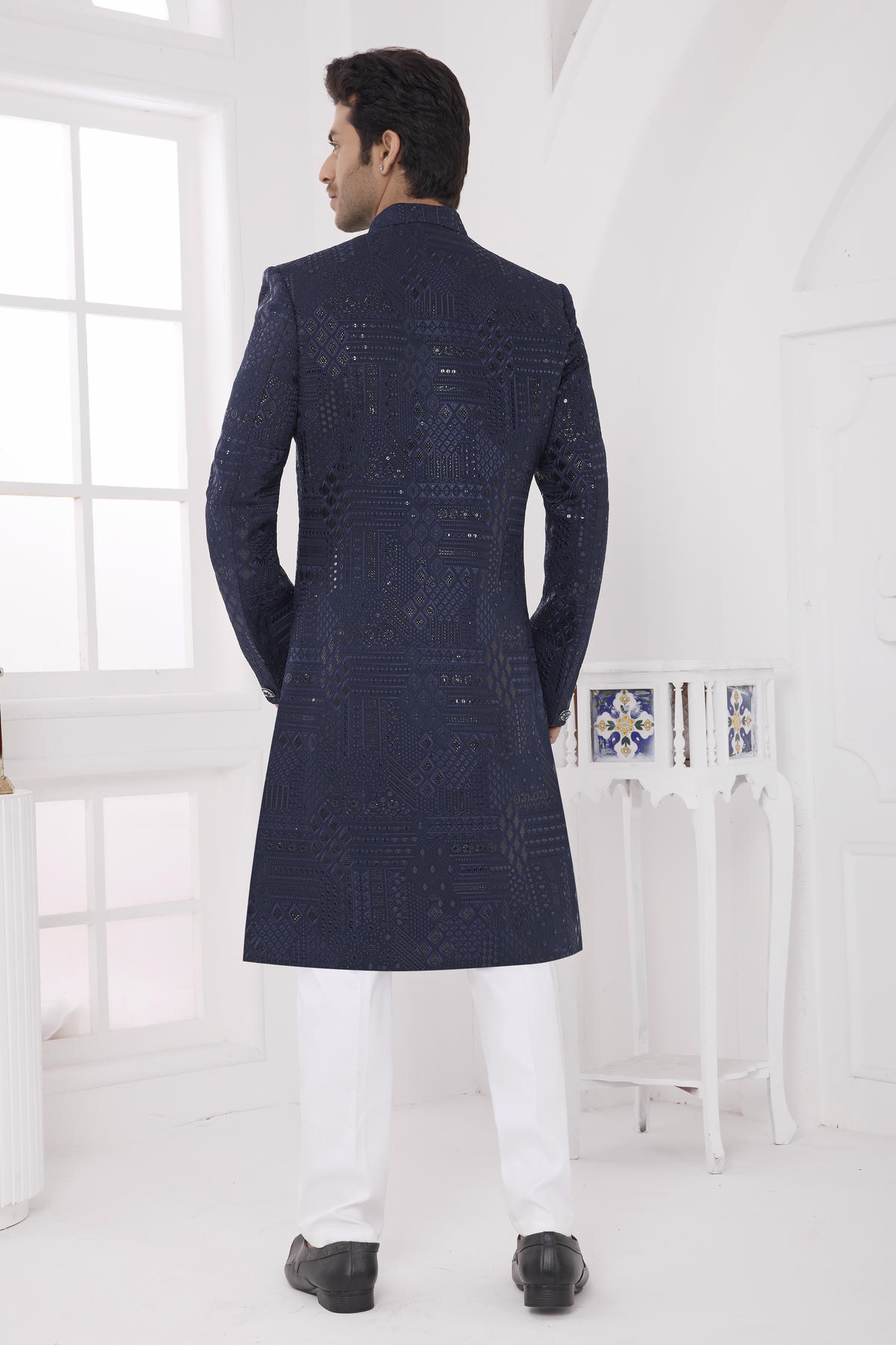 Navy Blue Colour Art Silk Embroidery Work Sherwani