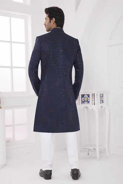 Navy Blue Colour Art Silk Embroidery Work Sherwani