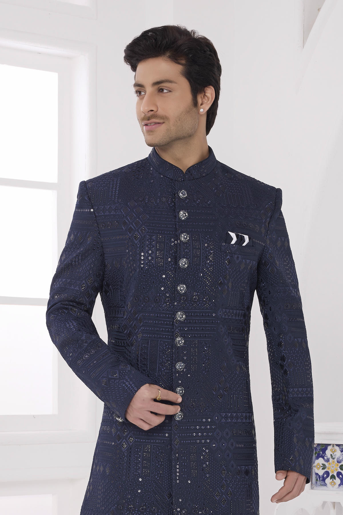 Navy Blue Colour Art Silk Embroidery Work Sherwani