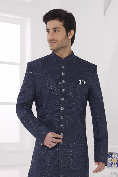 Navy Blue Colour Art Silk Embroidery Work Sherwani