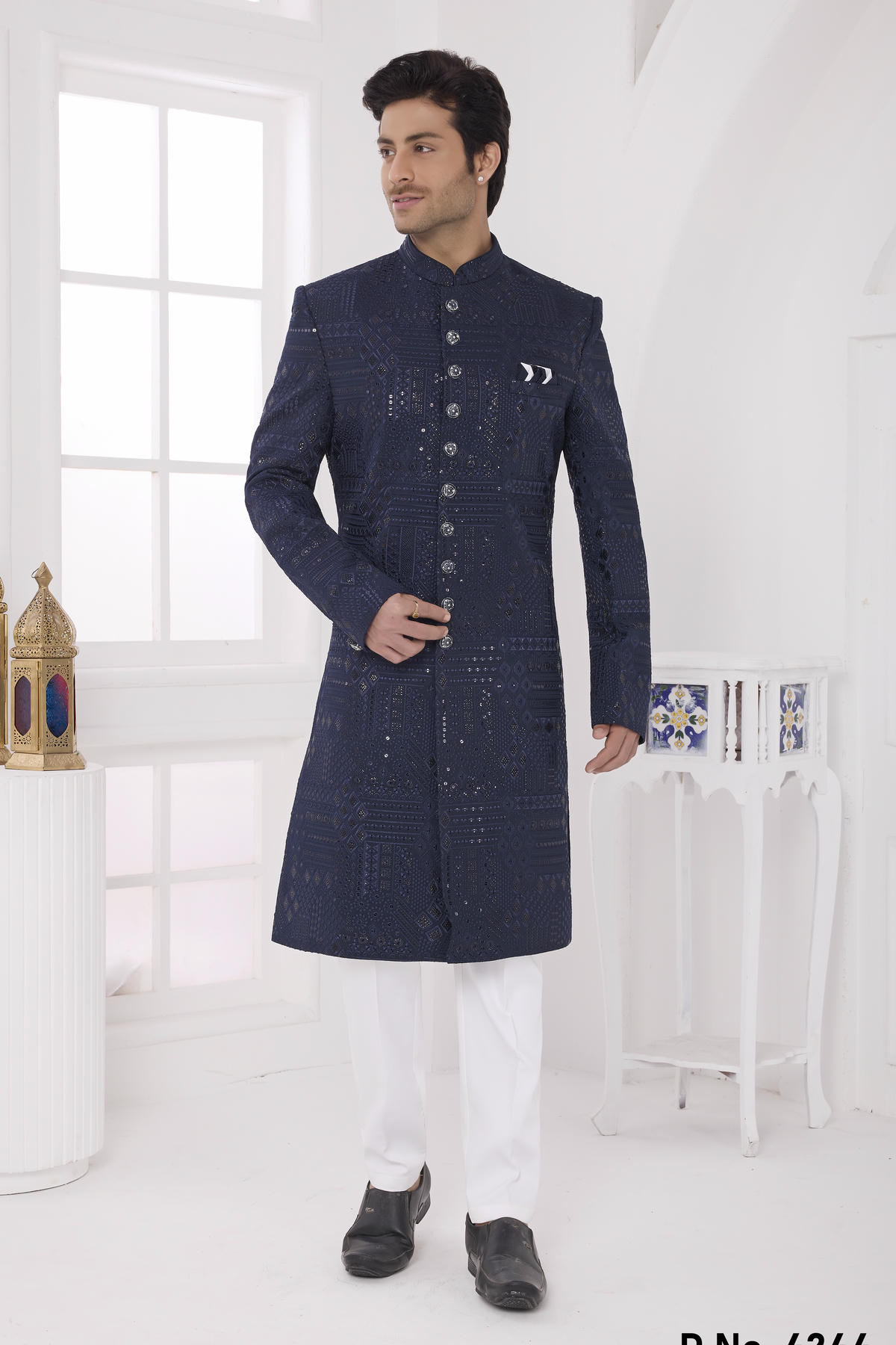 Navy Blue Colour Art Silk Embroidery Work Sherwani