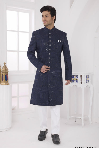 Navy Blue Colour Art Silk Embroidery Work Sherwani
