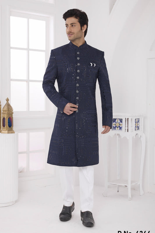 Navy Blue Colour Art Silk Embroidery Work Sherwani