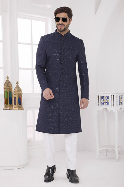 Navy Blue Colour Art Silk Embroidery Work Sherwani