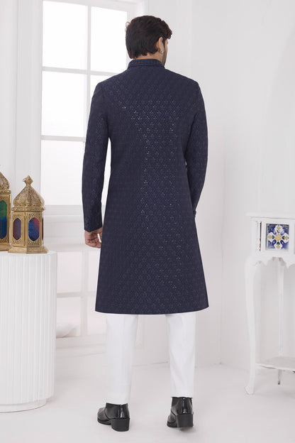 Navy Blue Colour Art Silk Embroidery Work Sherwani