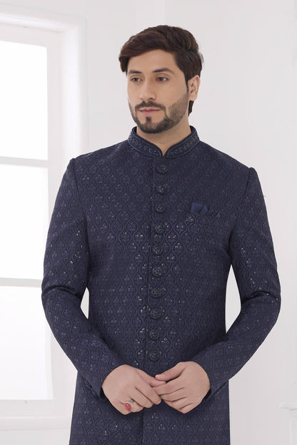 Navy Blue Colour Art Silk Embroidery Work Sherwani