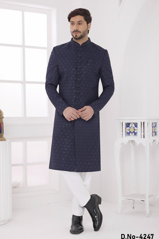 Navy Blue Colour Art Silk Embroidery Work Sherwani