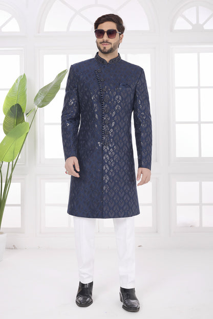 Navy Blue Colour Art Silk Embroidery Work Sherwani