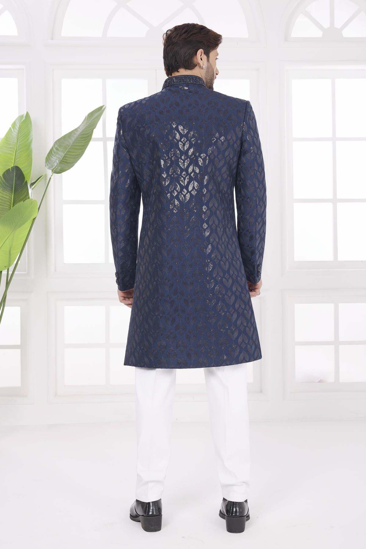 Navy Blue Colour Art Silk Embroidery Work Sherwani