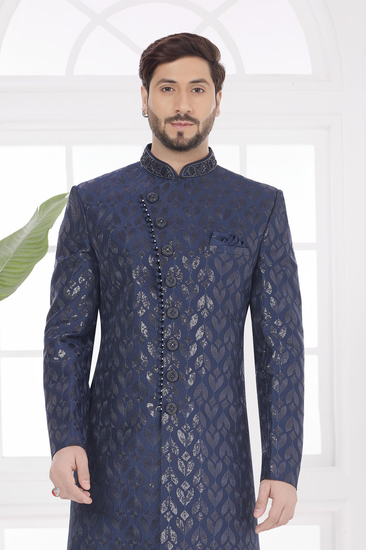 Navy Blue Colour Art Silk Embroidery Work Sherwani