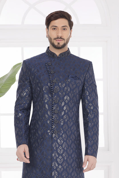 Navy Blue Colour Art Silk Embroidery Work Sherwani