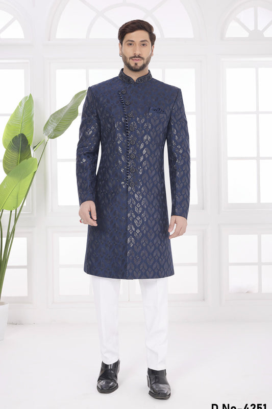 Navy Blue Colour Art Silk Embroidery Work Sherwani