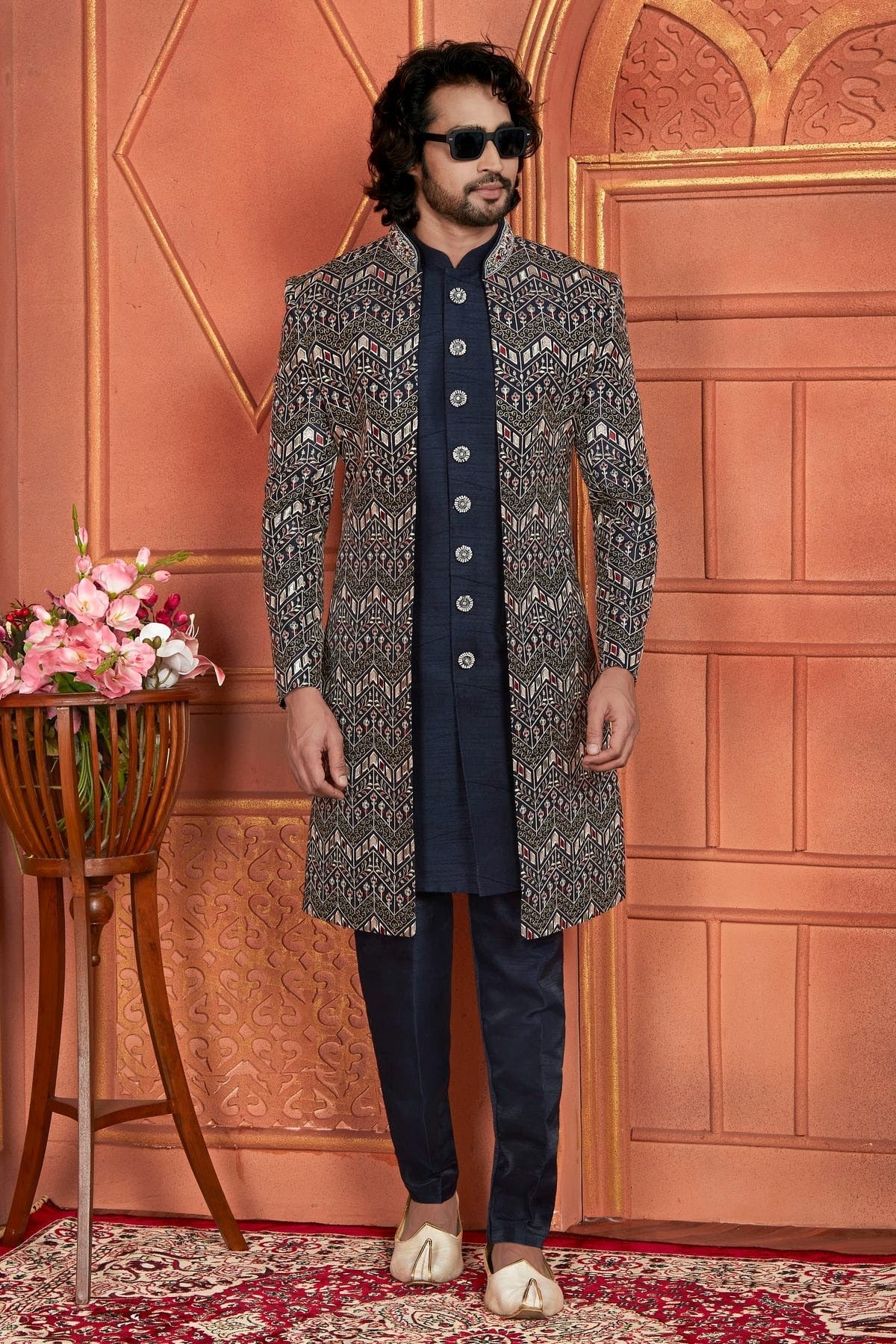 Navy Blue Colour Art Silk Indowestern Sherwani With Aligadhi Pant SH1230012 A